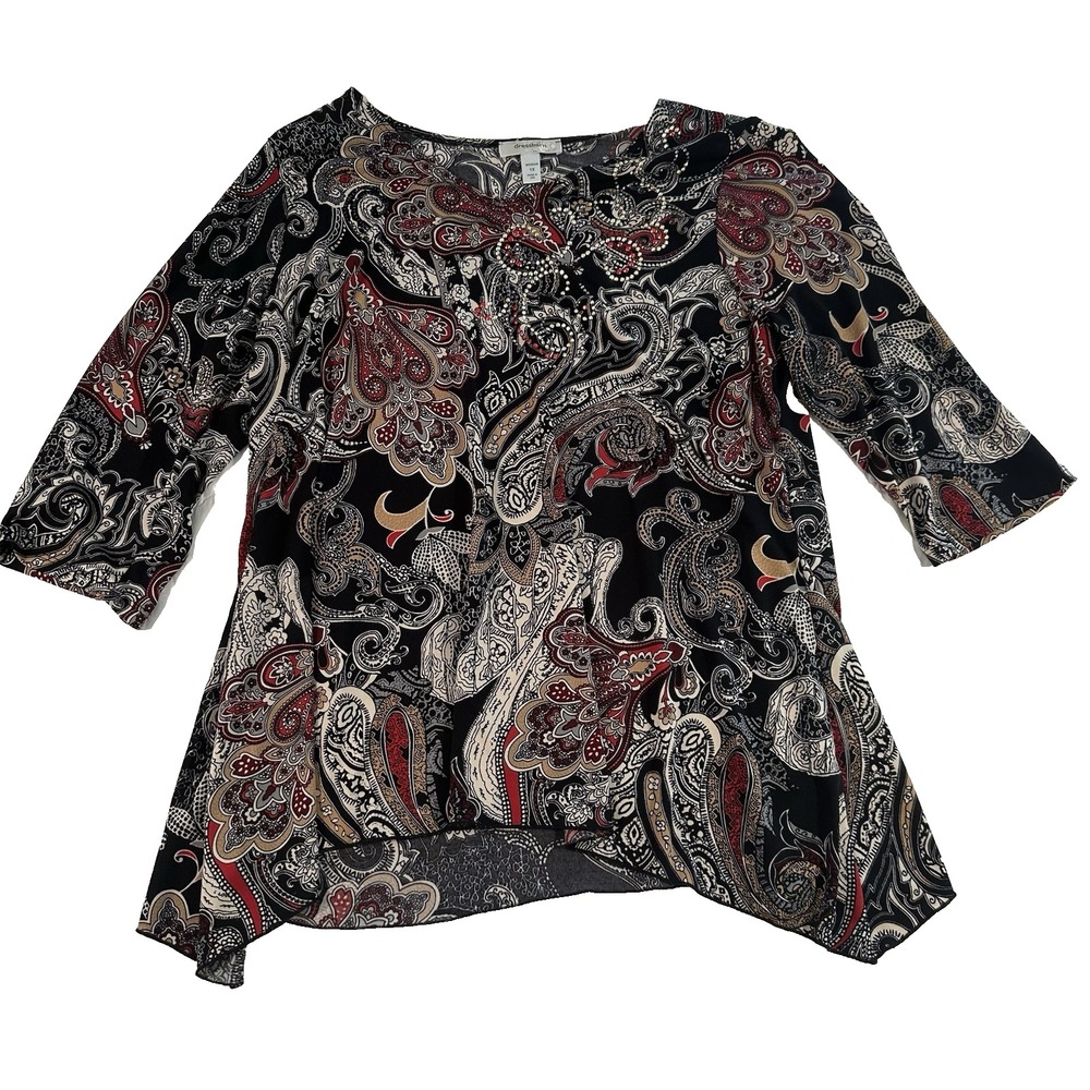Dressbarn Women's 1X‎ Y2K Paisley Shirt 3/4 Sleeve Rhinestone Accent VTG